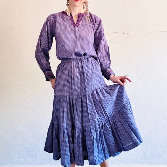 80s VTG Cotton Purple Plaid Mexican Indian Embroidered Skirt Folk Art Skirt Set - Picture 13 of 16